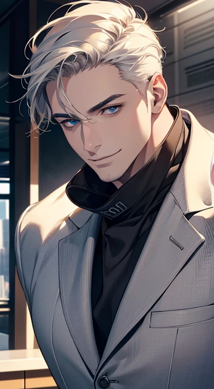 (best quality,4k,8k,highres,masterpiece:1.2),ultra-detailed,(realistic,photorealistic,photo-realistic:1.37),1 man,31 years old,mature man,very handsome,without expression,smile,short white hair,blue eyes,penetrating gaze,CEO in his office, huge with classic and modern architecture looking at his prey with a mischievous smile. perfect face without errors,imposing posture,businessman,office background,cinematic lighting,hdr image
