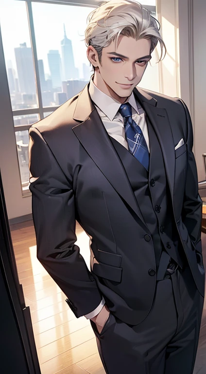 (best quality,4k,8k,highres,masterpiece:1.2),ultra-detailed,(realistic,photorealistic,photo-realistic:1.37),1 man,31 years old,mature man,very handsome,without expression,smile,short white hair,blue eyes,penetrating gaze,CEO in his office, huge with classic and modern architecture looking at his prey with a mischievous smile. perfect face without errors,imposing posture,businessman,office background,cinematic lighting,hdr image