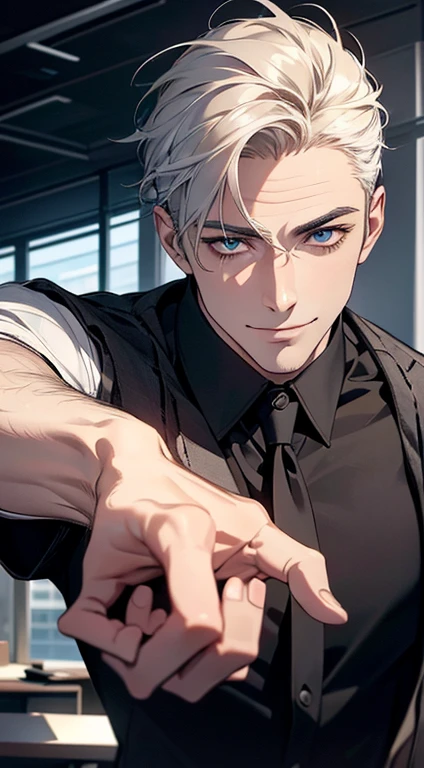 (best quality,4k,8k,highres,masterpiece:1.2),ultra-detailed,(realistic,photorealistic,photo-realistic:1.37),1 man,31 years old,mature man,very handsome,without expression,smile,short white hair,blue eyes,penetrating gaze,CEO in his office, huge with classic and modern architecture looking at his prey with a mischievous smile. perfect face without errors,imposing posture,businessman,office background,cinematic lighting,hdr image