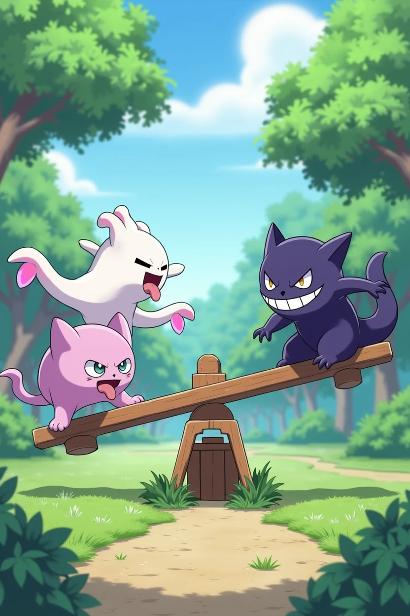 Pokemons Gastly, haunter and gengar playing on a seesaw in a park