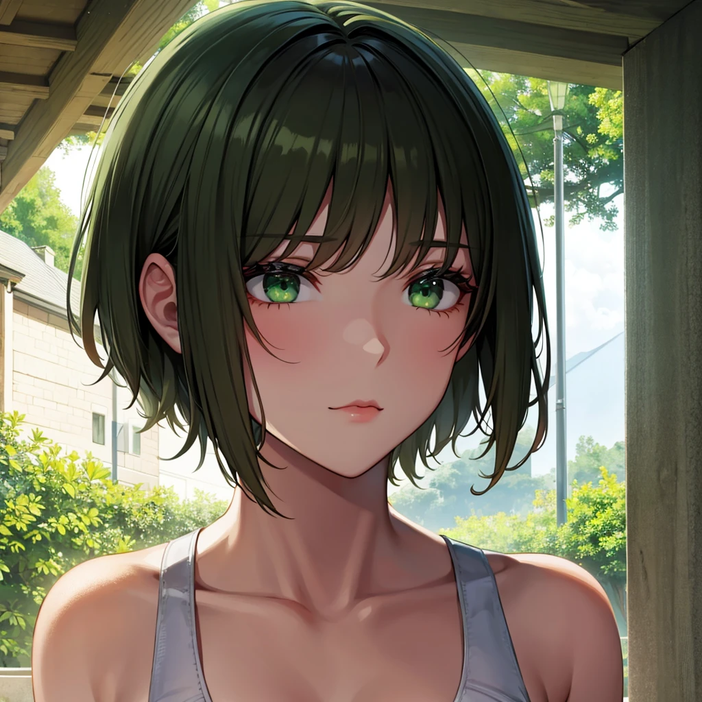 Brunette with green eyes and short hair. 
