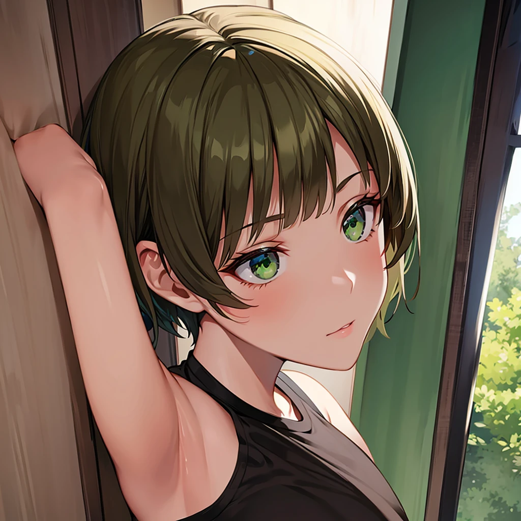Brunette with green eyes and short hair. 
