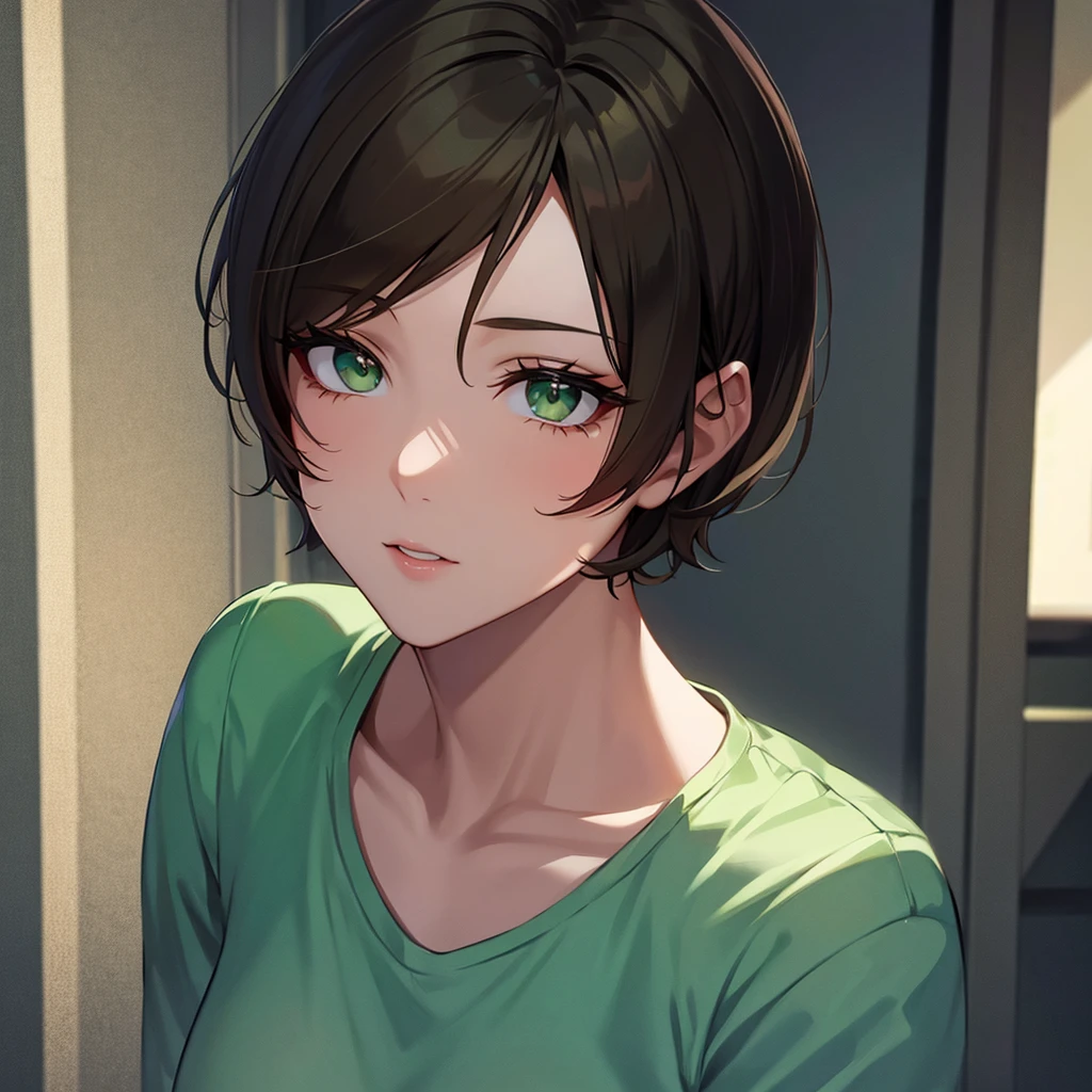 Brunette with green eyes and short hair.