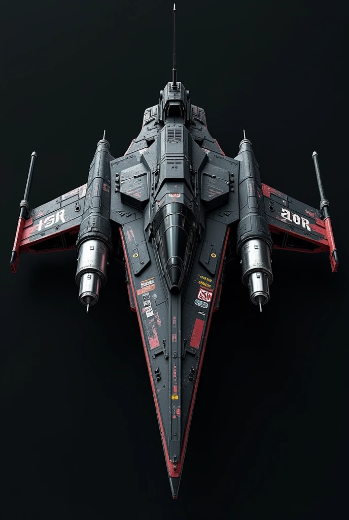 spaceship, 90s, anime, punk style, in the style of Jamie Hewlett, front view, plain background, black, cyberpunk, total black ship, punk stickers, crew size ship, guardians of the galaxy, milano starship, big rockets on the side
--ar 4:7