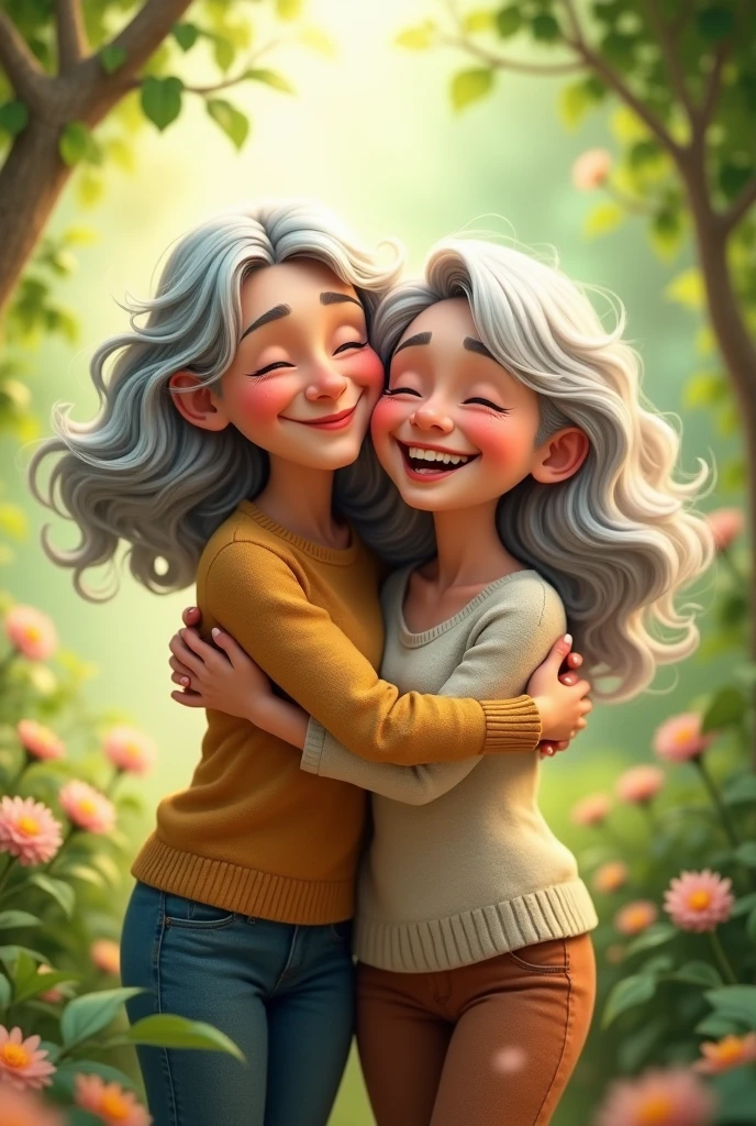 Animated image of a happy older couple hugging each other with lush hair