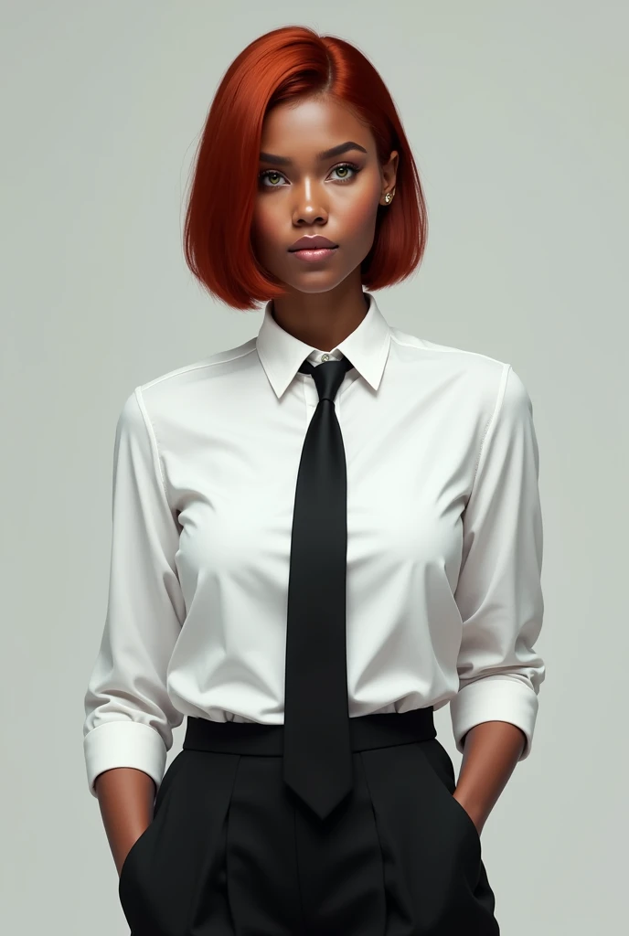 a black-skinned woman, short straight red hair reaching her jaw, she wears a white button-down blouse with long sleeves, black dress pants, black dress shoes, black tie. Her eyes are green and she has a serious expression