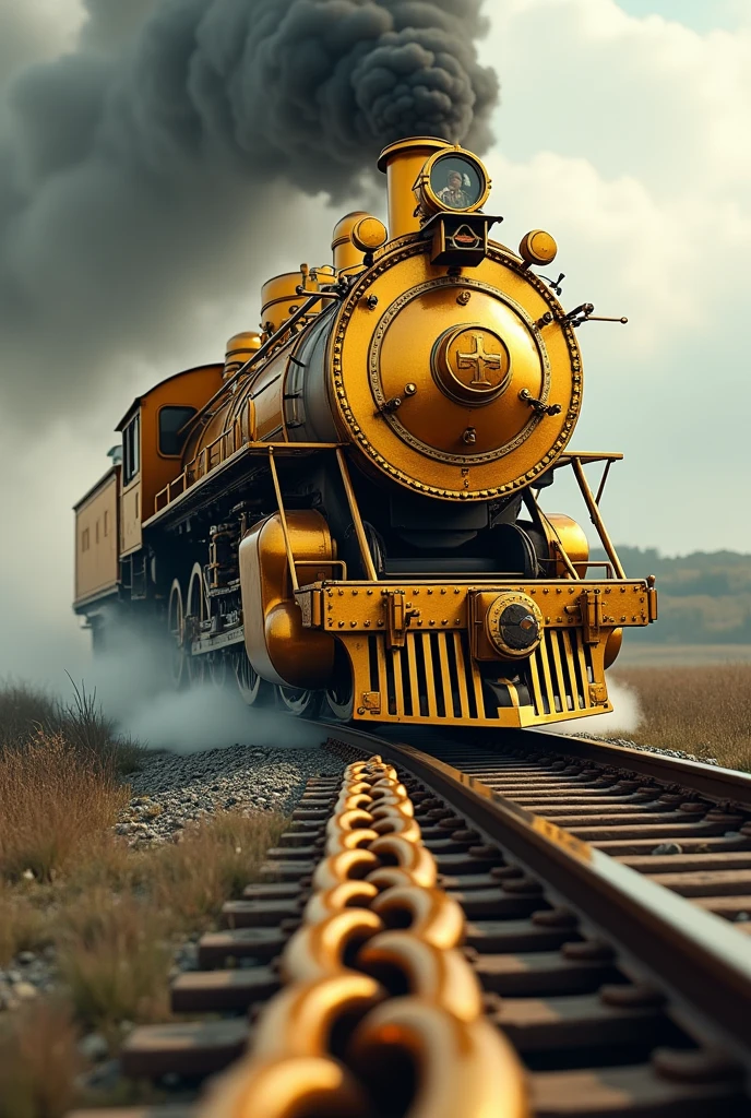 A gold-colored locomotive driven by a large dark-skinned man, moving forward on American football chains