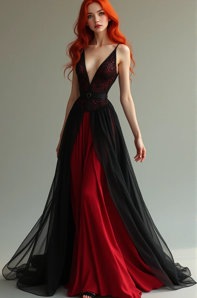 Redhead girl in long black and red dress full body 