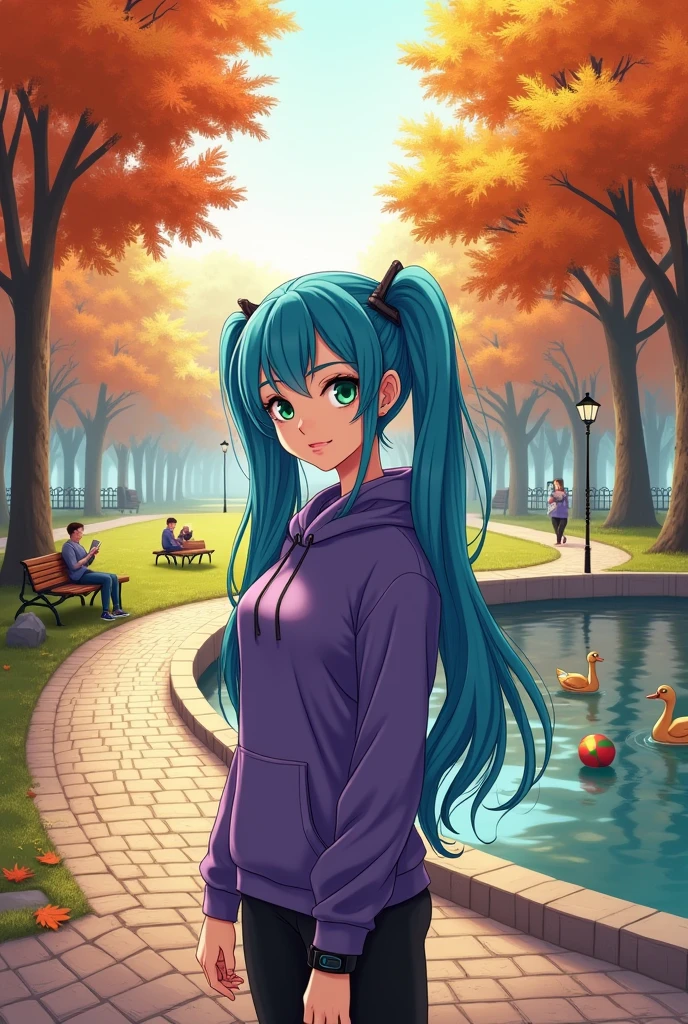 20 years old young girl with blue and white hair, long flowing blue hair, very long wavy azure blue hair, long blue hair, beautiful woman with blue hair, flowing blue hair, beautiful blue-haired girl, pretty girl with blue hair, long azure blue hair, blue long hair, very long blue hair, girl with blue hair, blue hairstyle, tall, beautiful, athletic figure, medium round breasts, green eyes, (best quality, 4k, 8k, high definition), ultra detail, detailed face and facial features, beautiful detailed eyes, beautiful detailed lips, extremely detailed eyes and face, long eyelashes, graceful triangular face, classic lip shape, small graceful nose, super realistic, standing confidently in a park, wearing a purple hoodie and black leggings. Her hair is styled in two low pigtails. A peaceful and well-maintained park during early autumn. The scene features a wide, winding path made of cobblestones, flanked by tall, mature trees with leaves turning shades of orange, yellow, and red. A few benches are scattered along the path, some occupied by people reading or relaxing. On one side, there's a small pond with clear water reflecting the colorful trees and a family of ducks swimming near the edge. In the background, you can see a large open green lawn where children are playing with a ball. There’s also an old-fashioned lamppost next to the path, and a few fallen leaves scattered on the ground. The sky is partly cloudy, allowing rays of sunlight to filter through the branches, creating a warm and inviting atmosphere. The park is surrounded by a low wrought-iron fence with ivy growing along it, adding to the charm and tranquility of the setting. The girl is wearing black running shoes, and a smartwatch is visible on her wrist.