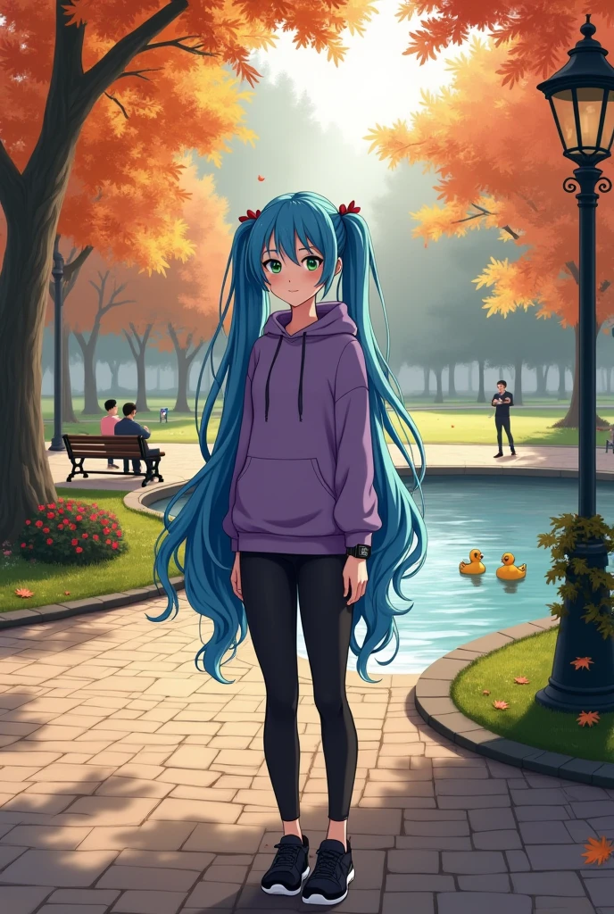 20 years old young girl with blue and white hair, long flowing blue hair, very long wavy azure blue hair, long blue hair, beautiful woman with blue hair, flowing blue hair, beautiful blue-haired girl, pretty girl with blue hair, long azure blue hair, blue long hair, very long blue hair, girl with blue hair, blue hairstyle, tall, beautiful, athletic figure, medium round breasts, green eyes, (best quality, 4k, 8k, high definition), ultra detail, detailed face and facial features, beautiful detailed eyes, beautiful detailed lips, extremely detailed eyes and face, long eyelashes, graceful triangular face, classic lip shape, small graceful nose, super realistic, standing confidently in a park, wearing a purple hoodie and black leggings. Her hair is styled in two low pigtails. A peaceful and well-maintained park during early autumn. The scene features a wide, winding path made of cobblestones, flanked by tall, mature trees with leaves turning shades of orange, yellow, and red. A few benches are scattered along the path, some occupied by people reading or relaxing. On one side, there's a small pond with clear water reflecting the colorful trees and a family of ducks swimming near the edge. In the background, you can see a large open green lawn where children are playing with a ball. There’s also an old-fashioned lamppost next to the path, and a few fallen leaves scattered on the ground. The sky is partly cloudy, allowing rays of sunlight to filter through the branches, creating a warm and inviting atmosphere. The park is surrounded by a low wrought-iron fence with ivy growing along it, adding to the charm and tranquility of the setting. The girl is wearing black running shoes, and a smartwatch is visible on her wrist.