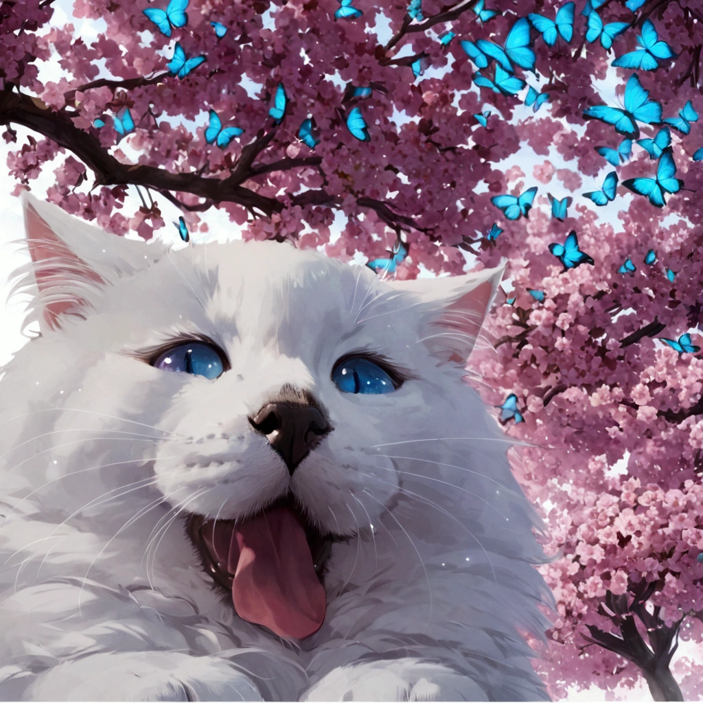 Cute anime cat with blue butterfly sitting on its nose , bigger eyes , looking at the camera