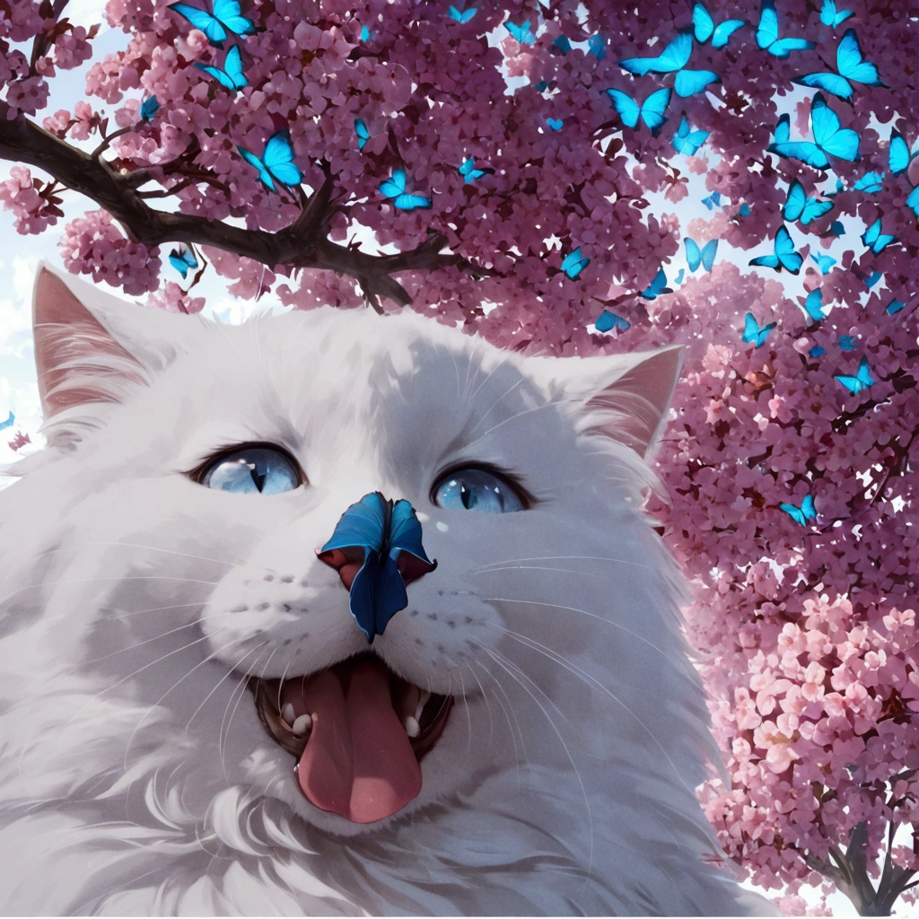Cute anime cat with blue butterfly sitting on its nose , bigger eyes , looking at the camera