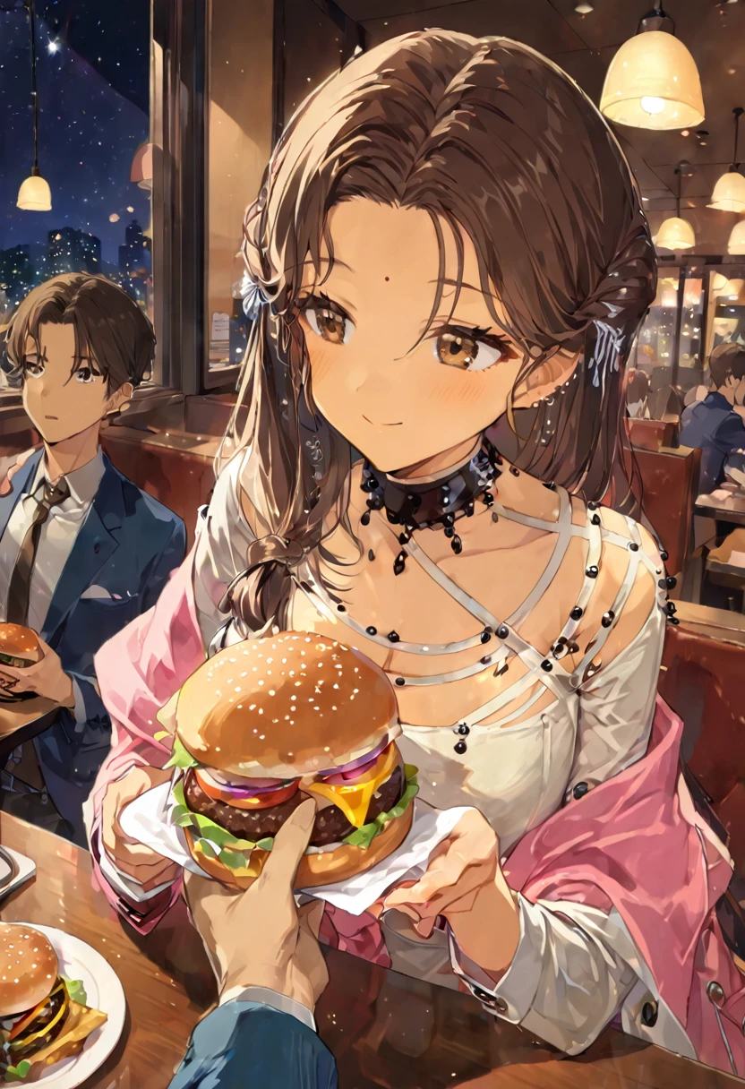 1girl, brown hair, brown eyes, pink and white clothes fully clothed, in restaurant, nighttime, mans arm giving her burger, reaching out for burger from 1boys hand