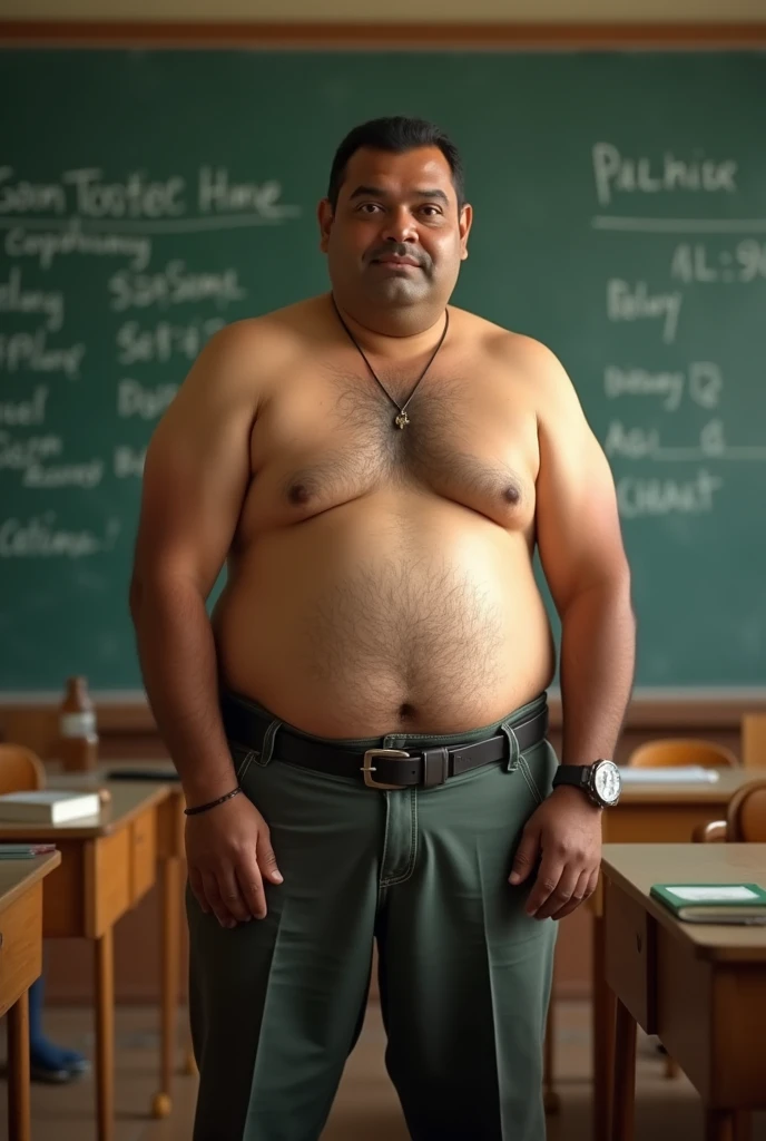 A male Indian school chubby teacher with out shirt showing back buttom