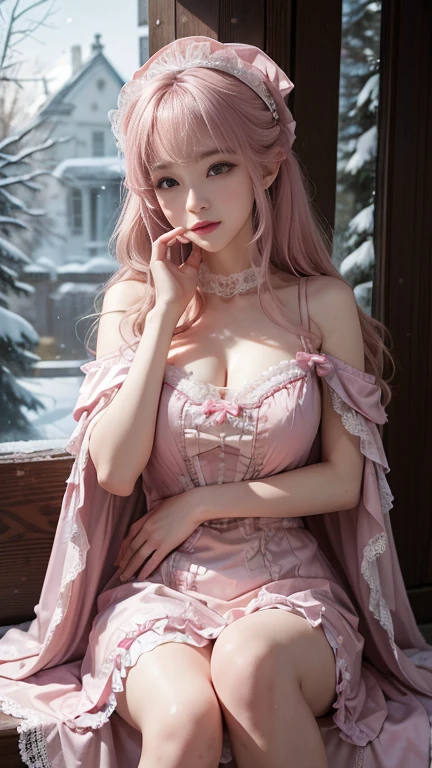 8K, Best quality, masterpiece, Photo-realistic, Hide your face with happiness, Medium breasts, Pink Lolita costume, Pink lace, Alice Gainsborough, Sitting, underwear, Expose bare shoulders, external, external, Snow Covered, cloak, high quality, Adobe Lightroom, High Detail Skin, View Viewer,