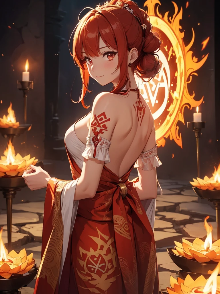 (((best quality, sharp image, clear image, cinematic lighting, 8k resolution, masterpiece, ultra detailed, intricate))) Girl, (((looking over shoulder))), shot from behind, shot from the waist, fire mage, cute, fiery red hair, pigtails in hair, (intricate dress), (white dress), ribbons in hair, smiling, fiery red, ((intricate Portal background)), ((fire magic)), candles, ((glowing runes on skin)), (flame patterns), ((fiery lotus flowers)), busy background. 