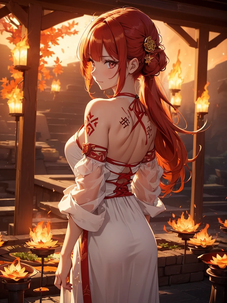 (((best quality, sharp image, clear image, cinematic lighting, 8k resolution, masterpiece, ultra detailed, intricate))) Girl, (((looking over shoulder))), shot from behind, shot from the waist, fire mage, cute, fiery red hair, pigtails in hair, (intricate dress), (white dress), ribbons in hair, smiling, fiery red, ((intricate Portal background)), ((fire magic)), candles, ((glowing runes on skin)), (flame patterns), ((fiery lotus flowers)), busy background. 