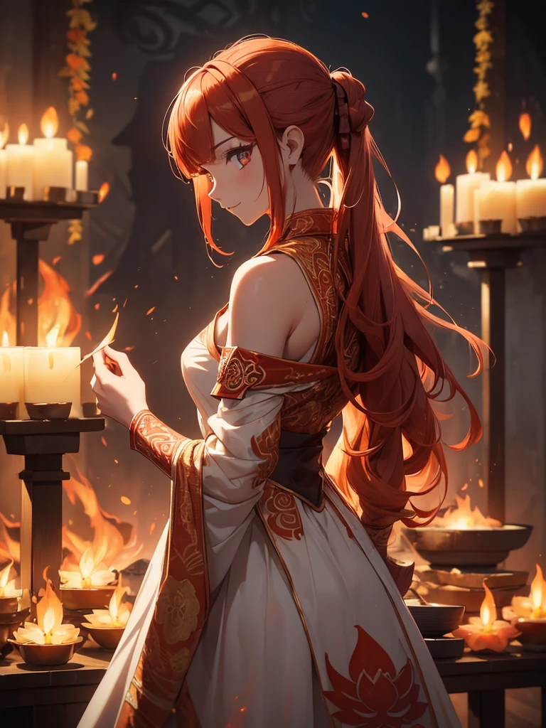 (((best quality, sharp image, clear image, cinematic lighting, 8k resolution, masterpiece, ultra detailed, intricate))) Girl, (((looking over shoulder))), shot from behind, shot from the waist, fire mage, cute, fiery red hair, pigtails in hair, (intricate dress), (white dress), ribbons in hair, smiling, fiery red, ((intricate Portal background)), ((fire magic)), candles, ((glowing runes on skin)), (flame patterns), ((fiery lotus flowers)), busy background.