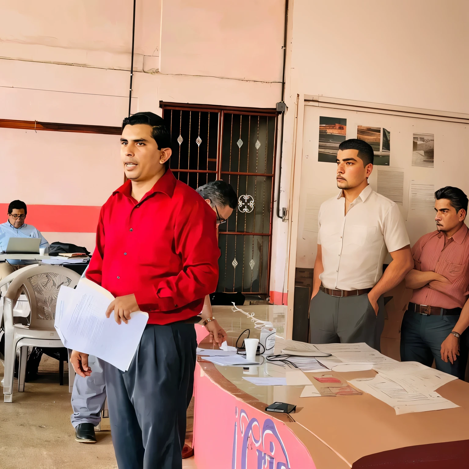 There is a man standing in front of a table with papers., eloymorales, joseph moncada, andres rios, luiz scanuela, juan diaz canals, by Rodolfo Morales, punishment, victor maristane, herald ortega, Carlos Ortega Elizalde, pablo perdomo, ignacio fernandez rios