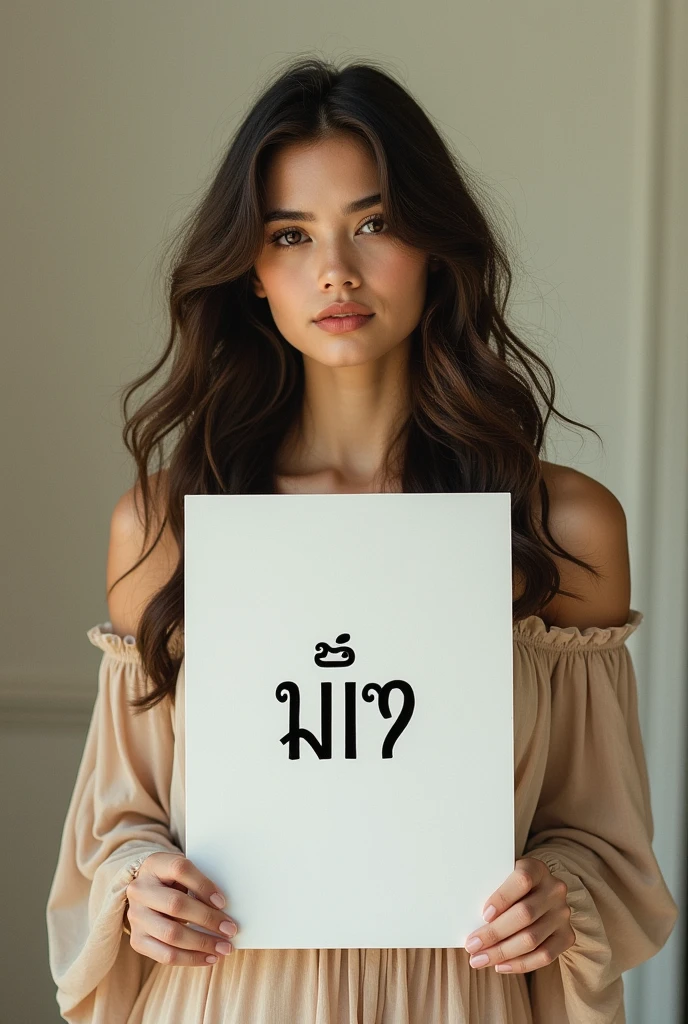 Beautiful girl with wavy long hair, bohemian dress, holding a white board with text "แนนน" and showing it to the viewer
