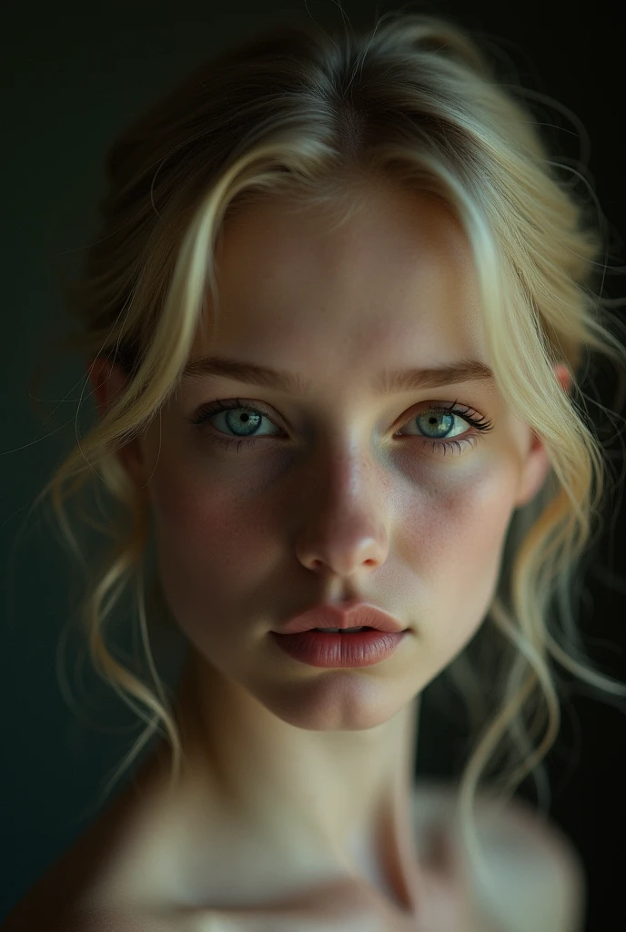 (((ultra realistic))) Photo, masterpiece, top quality, (pale skin), (Ultra detailed face and eyes:1.3), 1 girl, ((Adult)) , naked, (Eye makeup, mascara), ((sensual and thin lips)), ((blonde elegant fixed hair)), ((elegant Stylish hairstyle)) , ((deep blue eyes)), (Natural breasts). ((Posing)), photoshoot, (Soft) Lighting, (The play of light and shadows in a dark room), depth of field, bokeh, (special attention to skin detail: 1.2), Detailed leather texture, skin pores. (Warm atmosphere of the frame. color scheme - black, Red, green tones), UDR, ((Film grain)), (moon rays), ((close-up portrait, close to the camera)) , ultra detialed, naive sexy woman