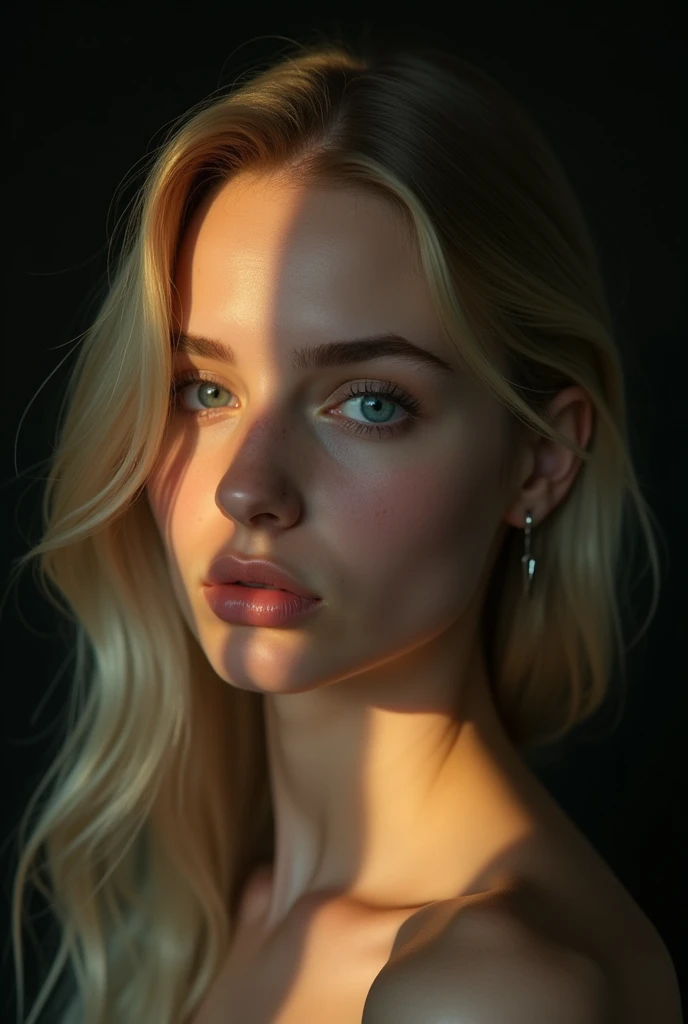 (((ultra realistic))) Photo, masterpiece, top quality, (pale skin), (Ultra detailed face and eyes:1.3), 1 girl, ((Adult)) , naked, (Eye makeup, mascara), ((sensual and thin lips)), ((blonde elegant fixed hair)), ((elegant Stylish hairstyle)) , ((deep blue eyes)), (Natural breasts). ((Posing)), photoshoot, (Soft) Lighting, (The play of light and shadows in a dark room), depth of field, bokeh, (special attention to skin detail: 1.2), Detailed leather texture, skin pores. (Warm atmosphere of the frame. color scheme - black, Red, green tones), UDR, ((Film grain)), (moon rays), ((close-up portrait, close to the camera)) , ultra detialed, naive sexy woman