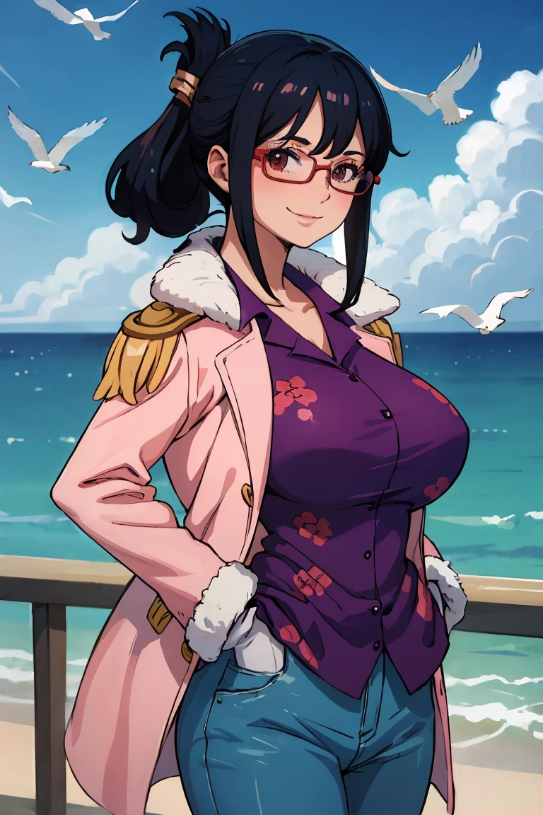 glasses, folded ponytail, pink coat, coat on shoulders, purple shirt, pink gloves, blue pants
masterpiece, best quality, absurdres, ship, on deck, ocean, flying seagulls, hands in pockets, looking at viewer, smile, big breasts