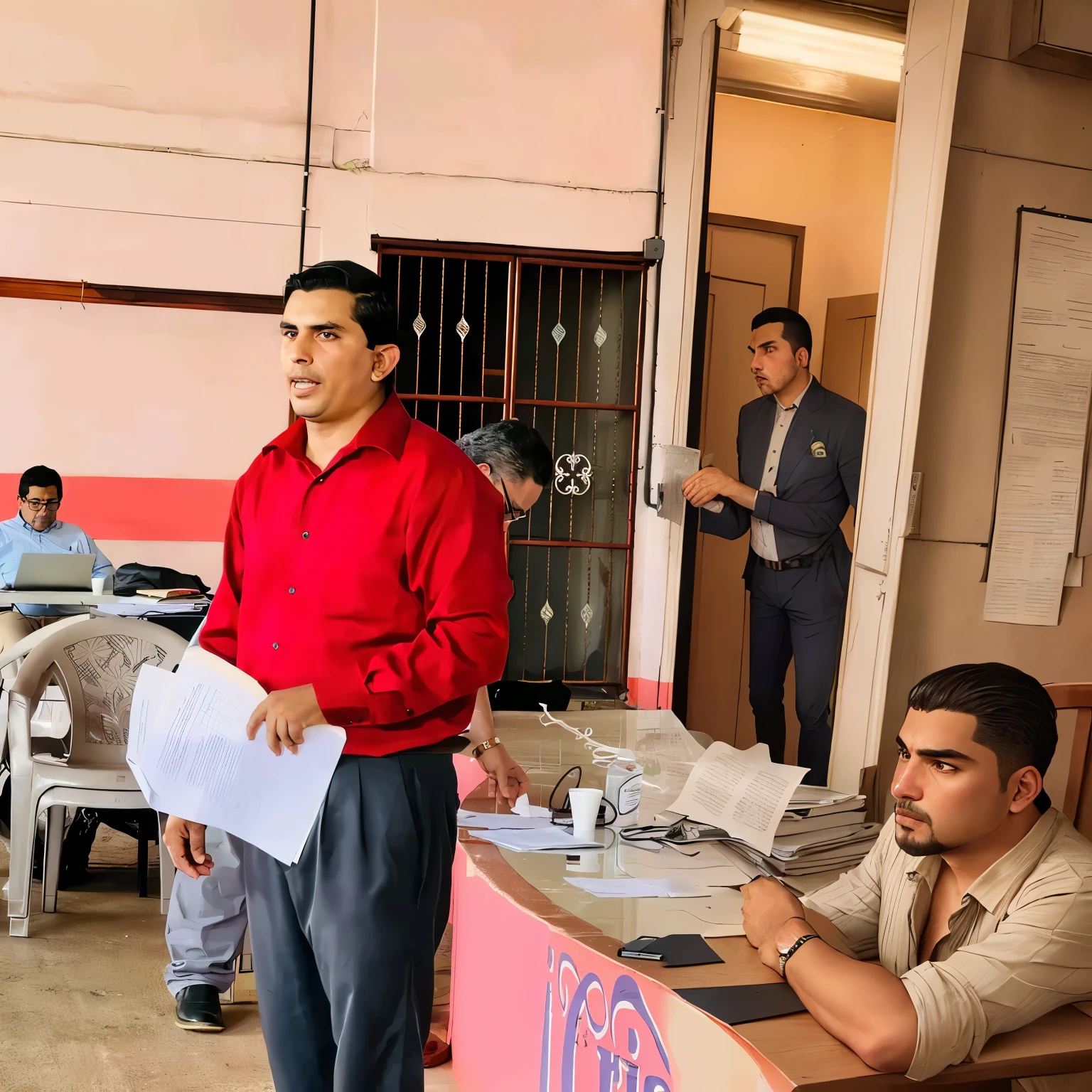 There is a man standing in front of a table with papers., eloymorales, joseph moncada, andres rios, luiz scanuela, juan diaz canals, by Rodolfo Morales, punishment, victor maristane, herald ortega, Carlos Ortega Elizalde, pablo perdomo, ignacio fernandez rios