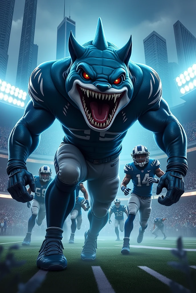 American football team with blue and black colors with a shark mascot