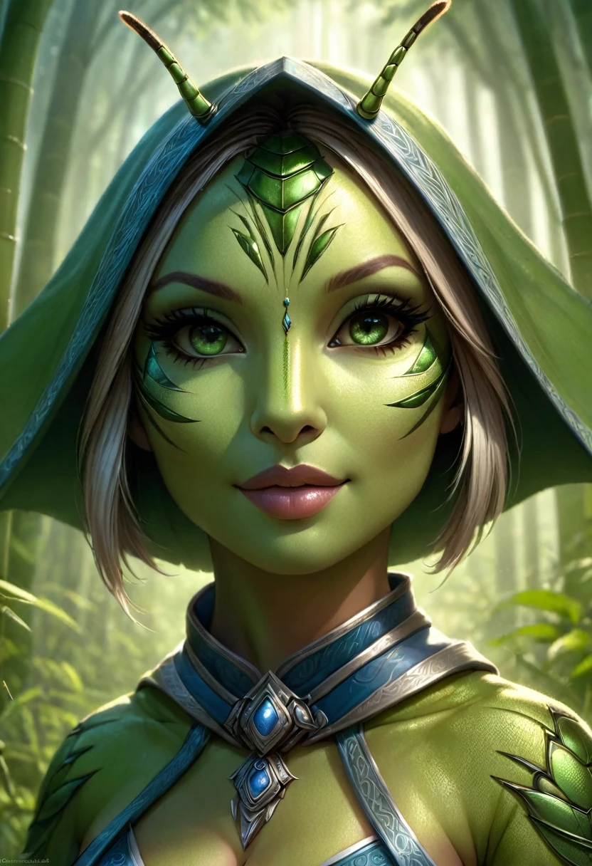 Anthropomorphic female grasshopper mage. Official Art – Charecter profile. An Award-Winning Digital Masterpiece In 4K Ultra HD, Extreme Detail And Intricate Realism. Symmetrical Face. This Concept Art Brought To Life By The Hands Of Artists Like Wlop & Artgerm In A Stunning 2D Vector Illustration.Background Is A Panoramic Vista.
