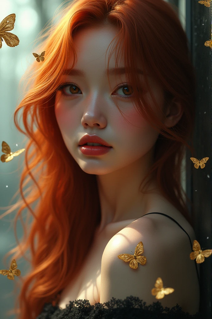 (solo, full body photo:1.3), (action packed:1.3), (haze, fog, mist:1.3), chiaroscuro, best quality, photorealistic, 1woman, (cute), (24yo:1.2), redhead, long ginger hair highly detailed, 1700'S, digital photography, art by artgerm and ruan jia and greg rutkowski surreal painting gold butterfly filigree, broken glass, (masterpiece, sidelighting, finely detailed Fashionable eyes: 1.2) (perfect oval large eyes that gazes at the viewer), beautiful detailed face, blue gorgeous perfect eyes, (blonde hair ponytail), (attractive young woman:1.3), (thick amazing hair), (seductive:1.1), (blushing:1.1)
