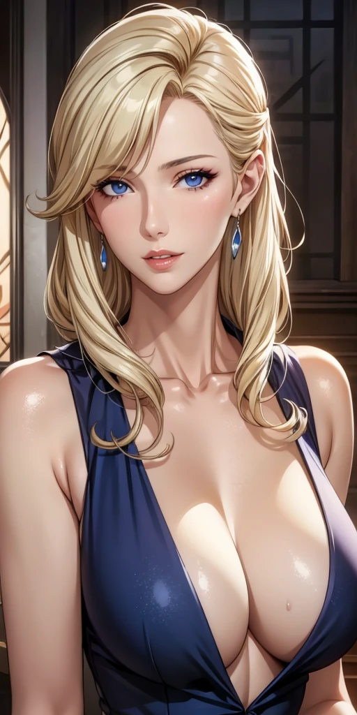Elegant mature woman, milf, white skin, blue eyes, blonde hair, soft light, 4k resolution, high quality, beautiful cg