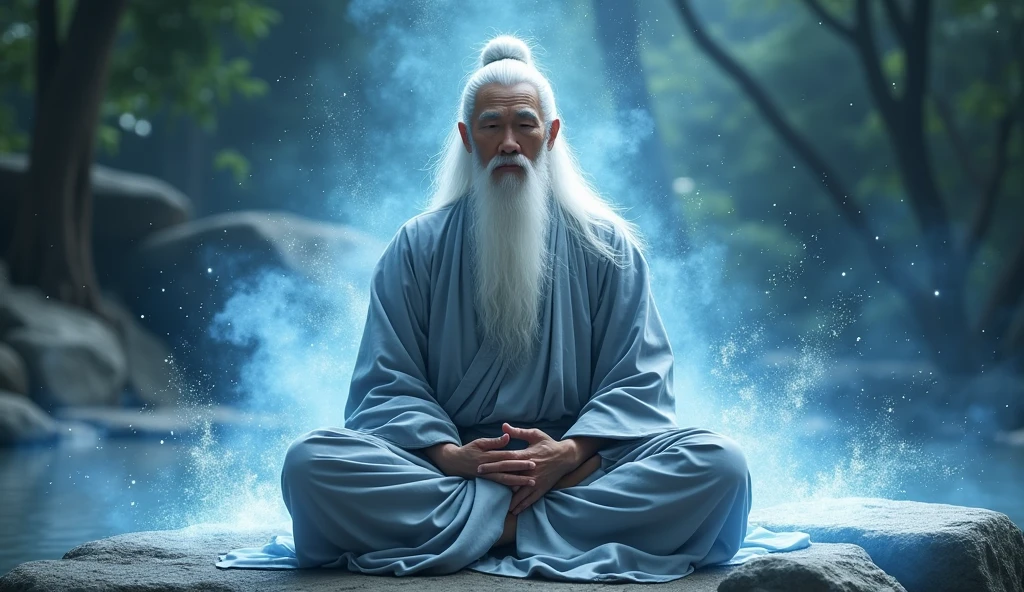 30-year-old Asian middle-aged Taoism elder sitting on stone close-up,Long white hair,Long beard,meditate with your legs crossed,Taoism, Wearing a gray robe,Magical Aura,Taoism master,Taoism,in the center,Facing the lens,Very bright color, Particles of light, The light shines, Musibu, Wallpaper Art, UHD wallpaper