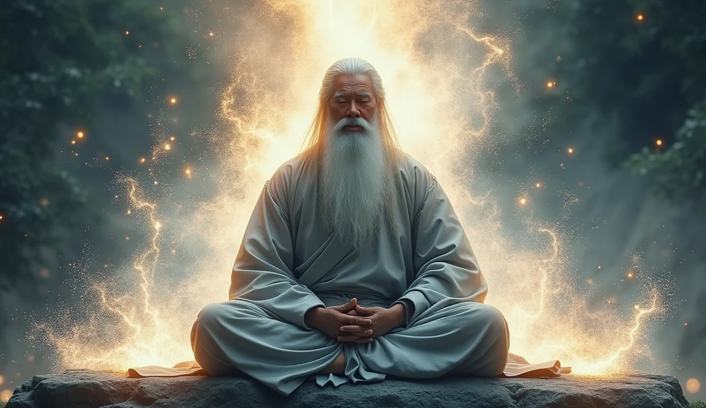 30-year-old Asian middle-aged Taoism elder sitting on stone close-up,Long white hair，Long beard，meditate with your legs crossed，Taoism, Wearing a gray robe，Magical Aura，Taoism master,Taoism，in the center，Facing the lens，Very bright color, Particles of light, The light shines, Musibu, Wallpaper Art, UHD wallpaper