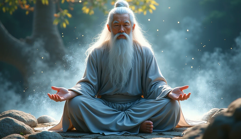 30-year-old Asian middle-aged Taoism elder sitting on stone close-up,Long white hair,Long beard,meditate with your legs crossed,Taoism, Wearing a gray robe,Magical Aura,Taoism master,Taoism,in the center,Facing the lens,Very bright color, Particles of light, The light shines, Musibu, Wallpaper Art, UHD wallpaper