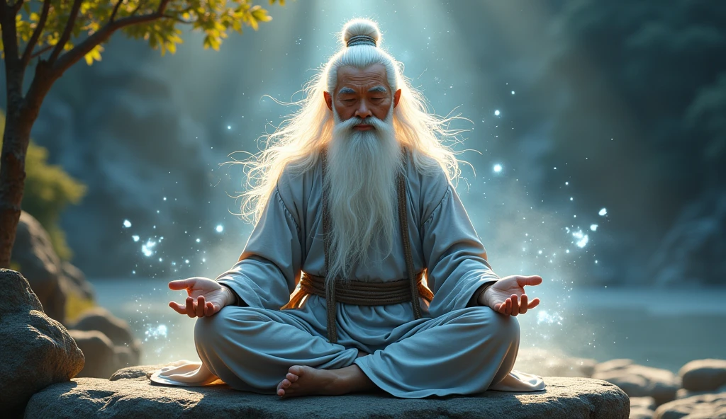30-year-old Asian middle-aged Taoism elder sitting on stone close-up,Long white hair,Long beard,meditate with your legs crossed,Taoism, Wearing a gray robe,Magical Aura,Taoism master,Taoism,in the center,Facing the lens,Very bright color, Particles of light, The light shines, Musibu, Wallpaper Art, UHD wallpaper