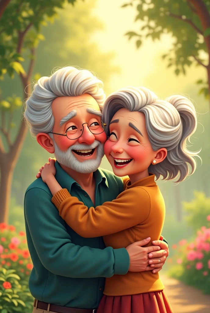 Animated image of a happy older man and woman couple hugging each other with lush hair