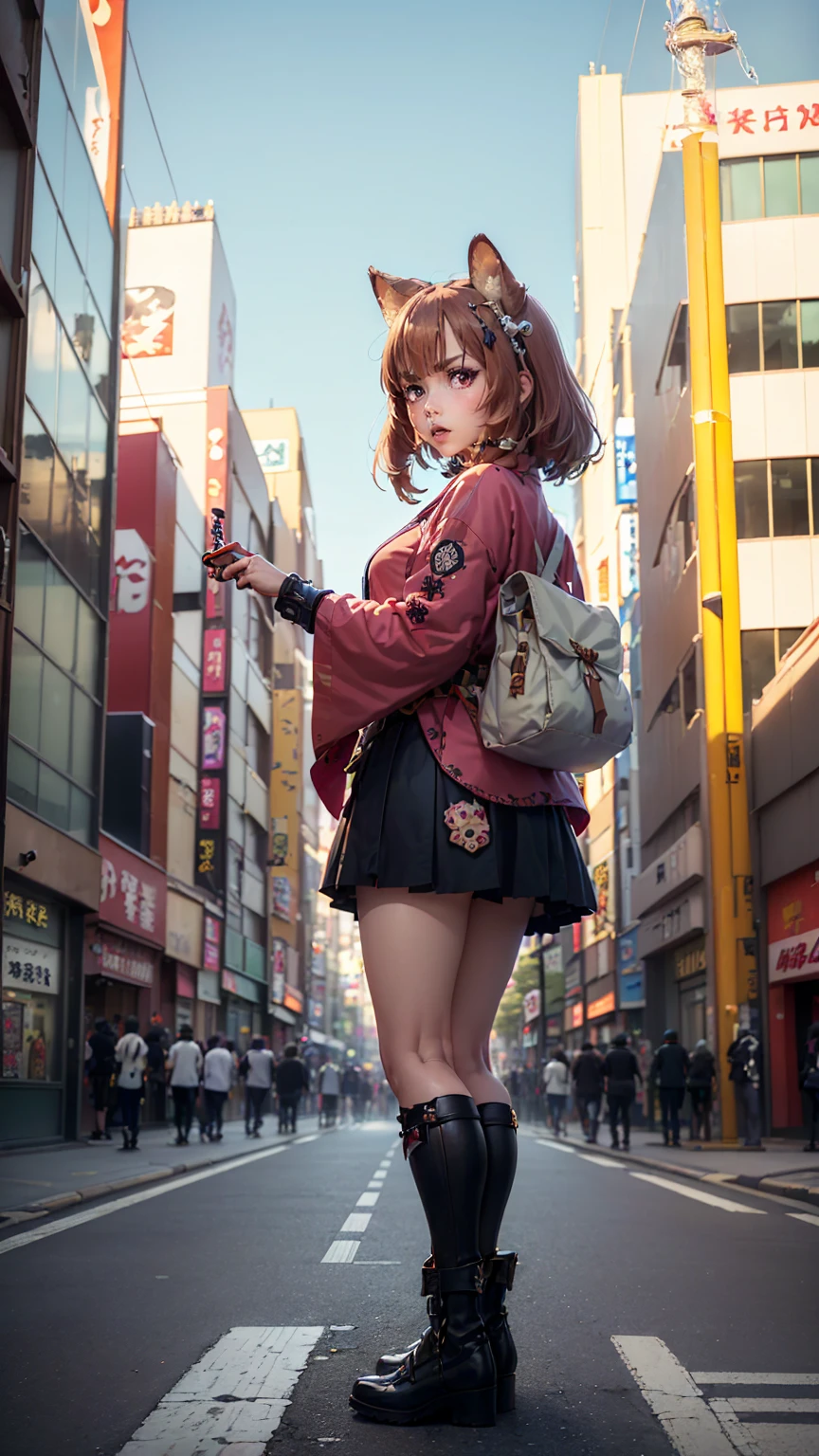 Brahmaestra, Raphtalia, Brown Hair, Animal ears, Red eyes,A little angry face、Dynamic pose、Put on your boots(Look at this:1.5)(Full Body Shot:1.2)(Harajuku Takeshita Street:1.5), Full body photo, convenience store,自転car、car、Super Cub、Passersby、(Distant view of modern Japanese cities:1.5)、(Move up by one&#39;Long sword:1.8),(Assault rifle,Hold horizontally:1.8)