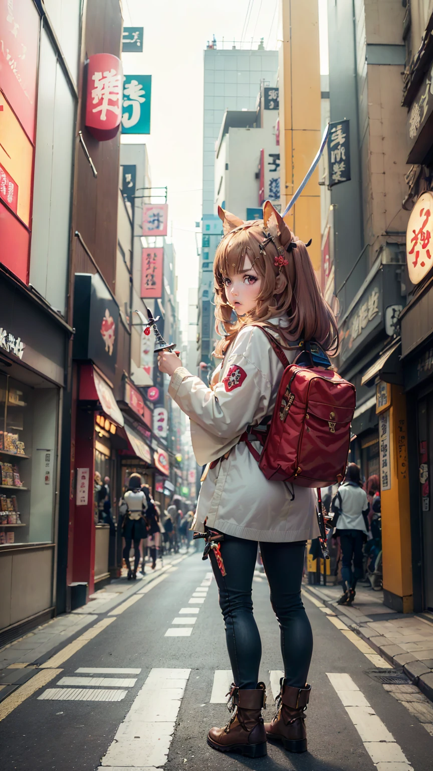 Brahmaestra, Raphtalia, Brown Hair, Animal ears, Red eyes,A little angry face、Dynamic pose、Put on your boots(Look at this:1.5)(Full Body Shot:1.2)(Harajuku Takeshita Street:1.5), Full body photo, convenience store,自転car、car、Super Cub、Passersby、(Distant view of modern Japanese cities:1.5)、(Move up by one&#39;Long sword:1.8),(Assault rifle,Hold horizontally:1.8)