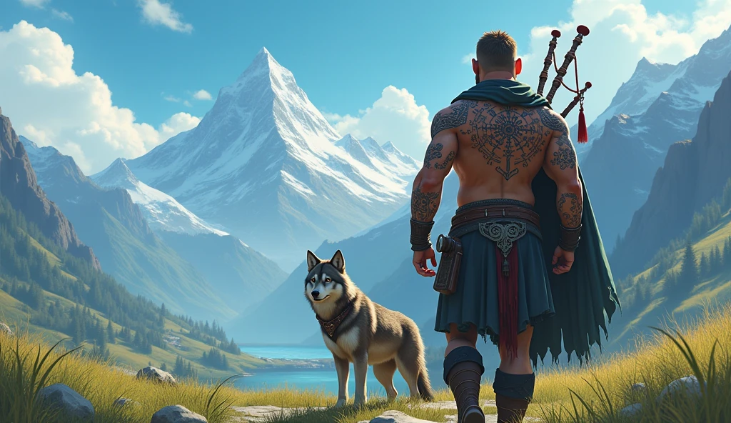 the best quality, very high resolution, detailed 4K CG anime style, Masterpiece artwork, augur, Nordic Deuses, handsome man holding bagpipes plus a wolf, rune tattoos, viking, Celtic mountains, blue sky, Norse mythology, viking rune tattoo, beautiful aesthetic, Beautiful picture, There are beautiful mountains with green grass in the back