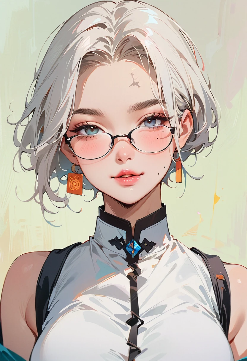 (masterpiece, best quality:1.4), 1 girl, 独奏, Anime style, Dark gray pupils, Blurred eyes, Pouting and smiling, Head slightly down, Black-rimmed glasses, Large scars on the face, Large scars, Right tear mole, Gray bald head,, Super short hair, Simple accessories, Styles of Top Portrait Artists, large breasts, White vest, White air coming out of mouth, Vision, Gray background.