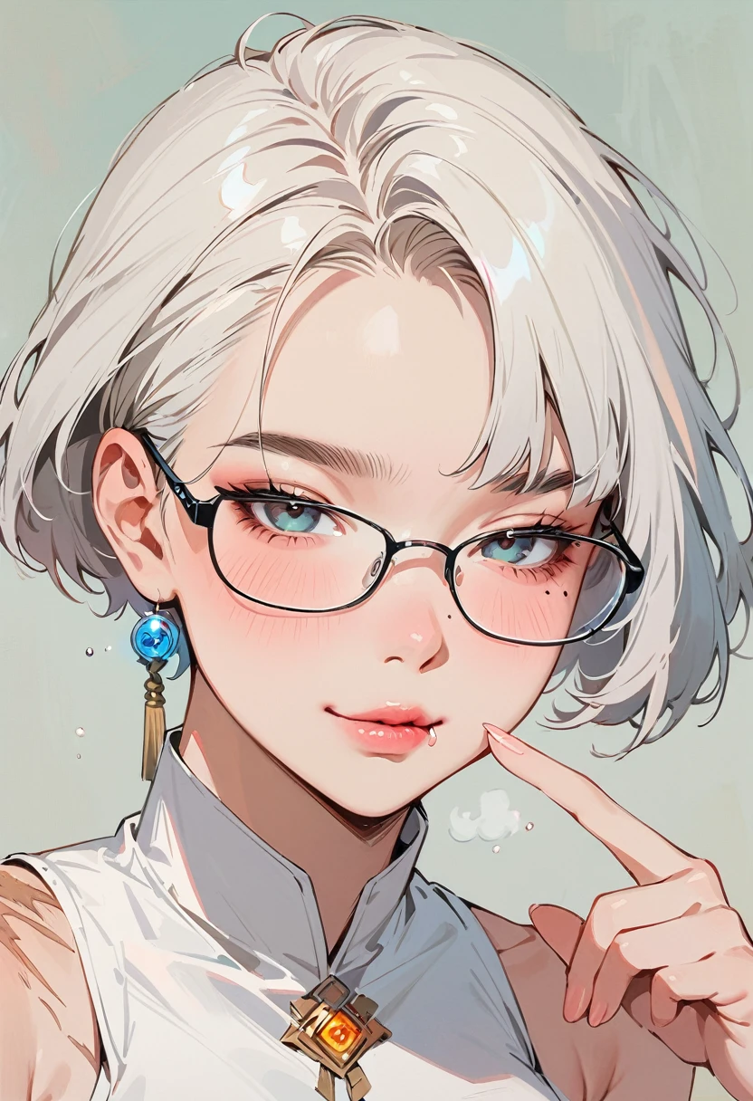 (masterpiece, best quality:1.4), 1 girl, 独奏, Anime style, Dark gray pupils, Blurred eyes, Pouting and smiling, Head slightly down, Black-rimmed glasses, Large scars on the face, Large scars, Right tear mole, Gray bald head,, Super short hair, Simple accessories, Styles of Top Portrait Artists, large breasts, White vest, White air coming out of mouth, Vision, Gray background.