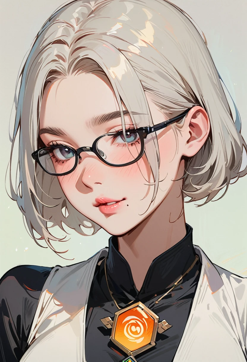 (masterpiece, best quality:1.4), 1 girl, 独奏, Anime style, Dark gray pupils, Blurred eyes, Pouting and smiling, Head slightly down, Black-rimmed glasses, Large scars on the face, Large scars, Right tear mole, Gray bald head,, Super short hair, Simple accessories, Styles of Top Portrait Artists, large breasts, White vest, White air coming out of mouth, Vision, Gray background.