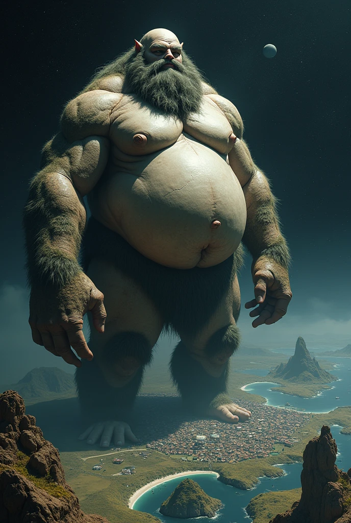A giant as big as a mountain Town person looking up from below々 Huge belly Huge breasts naked aerial photograph islands Body hair in the crotch Bend Space Station