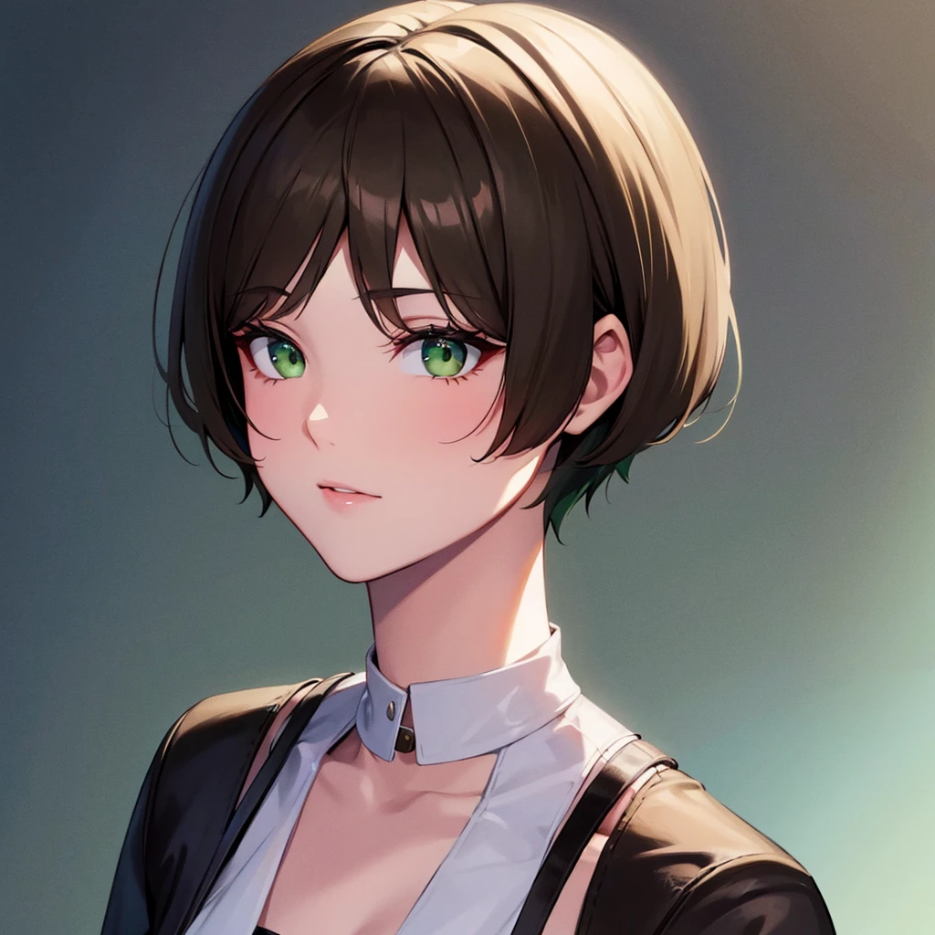 Brunette with green eyes and very short hair.