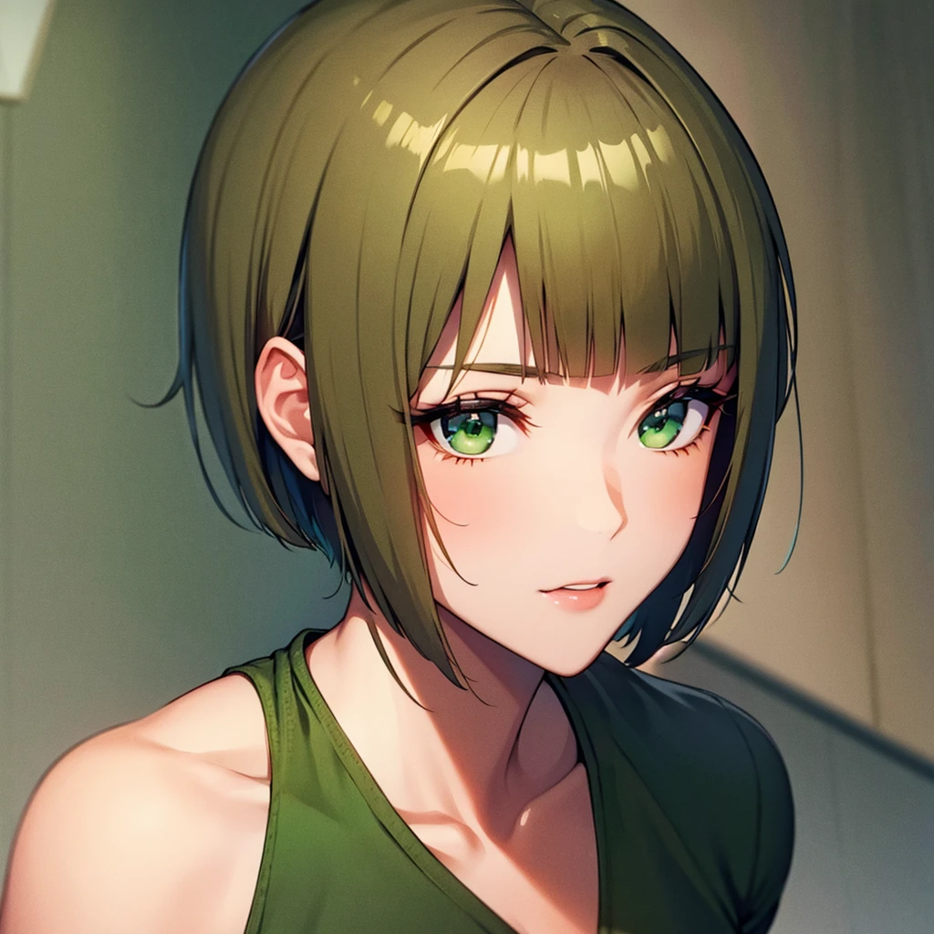 Brunette with green eyes and very short hair.