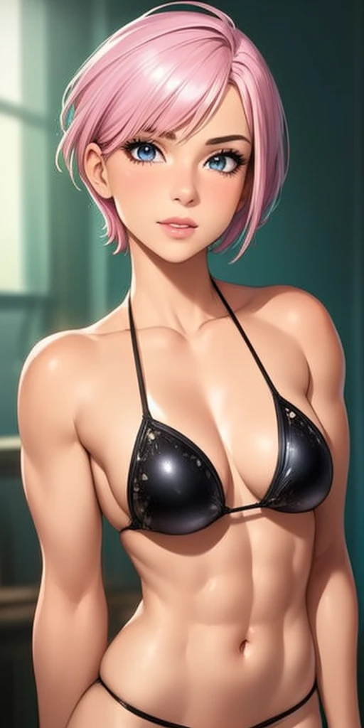 (best quality, ultra-detailed, photorealistic: 1.39), bright and vibrant colors, studio lighting, romantic expression, Beautiful black bikini, light fabric, undercut platinum bobcut sparkling pink hair, small breasts, fit, muscular, short hair, mercenary
