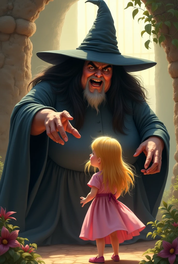 ((woman, female, woman, woman woman, feminine woman)), (highly perfect realistic) fat, chubby, obese old witch, with black hair and hat, witch pointing her finger at a 15 year old child 11 year old blonde hair in a pink, light pink, pink dress, white girl, golden yellow blonde hair, Disney drawing