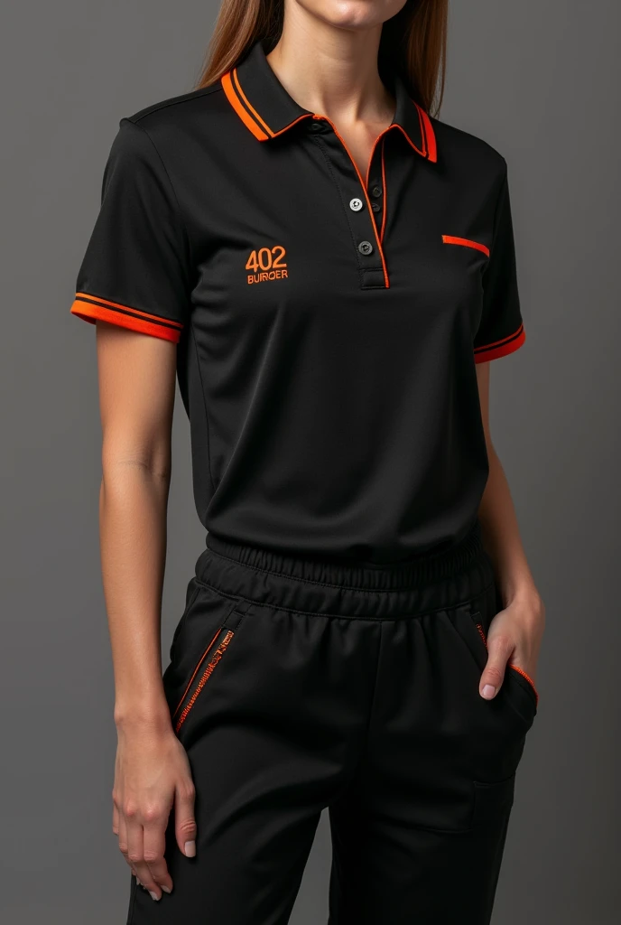 Design a complete uniform for a burger restaurant called 402 BURGER with an urban style, Black with small orange details, polo shirt and jogger pants 
