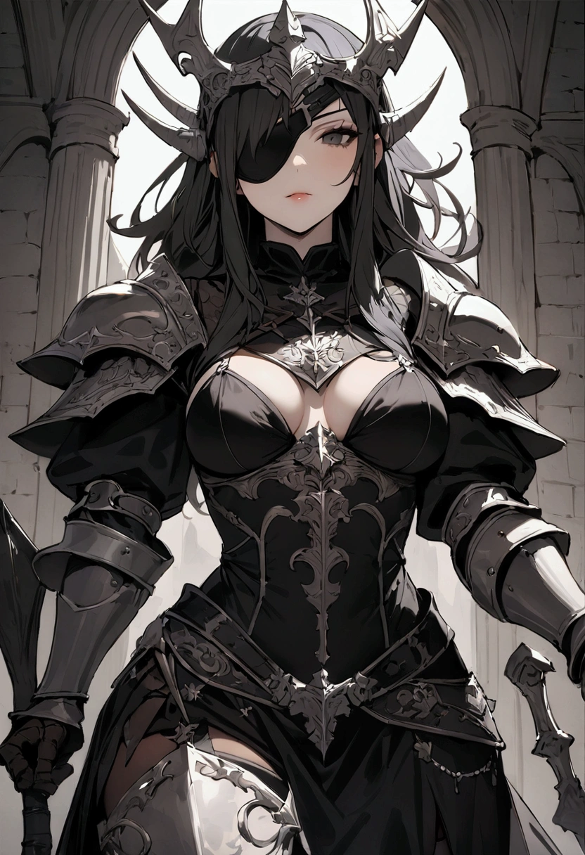 ((one-eyed blindfold)), holy paladin, scythe, dark Heavy armor, absurdres, RAW photo, extremely delicate and beautiful, masterpiece, Best Quality, ultra high resolution, 32k, hyperrealistic, ultra-detailed, detailed description, pale skin, 20 years old, tearful mole, earring, Colossal tits, short medium hair, wavy hair, evil grin, full body shot,